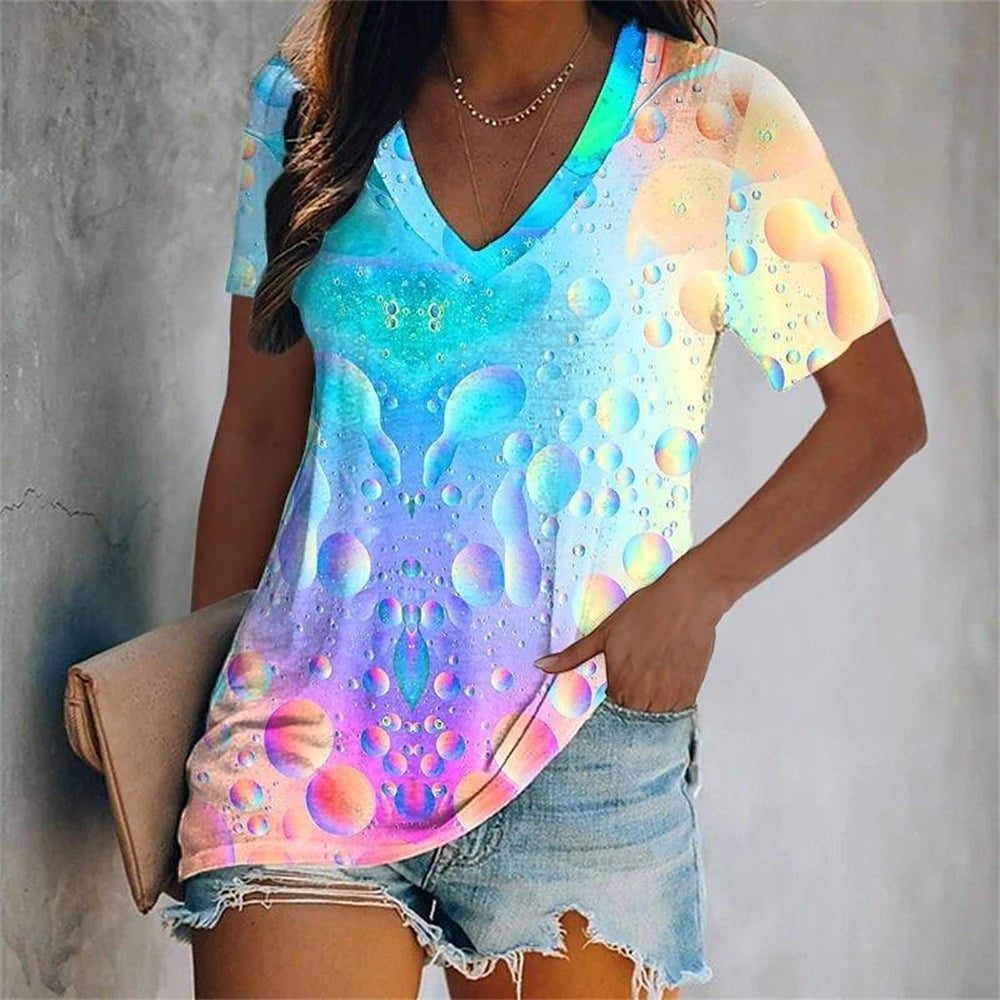 Colorful Tassels Print T-Shirt Fashion Women's Short Sleeve V-Neck T-Shirt Summer Casual Elegant Women's Large Size T-Shirt