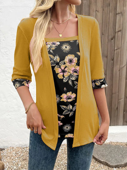 European,Clothes,Elastic,T-Shirt,Women,Chic,Sexy,Fake two pieces,Patchwork,Print,Tops,Half Sleeve,Loose,Tees,