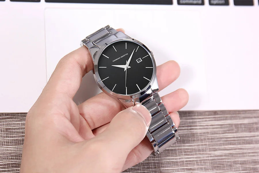 Hannah Martin Men's Stainless Steel Watch Fashion Business Style Black Minimalist Style 3Bar Waterproof Quartz Movement Watches