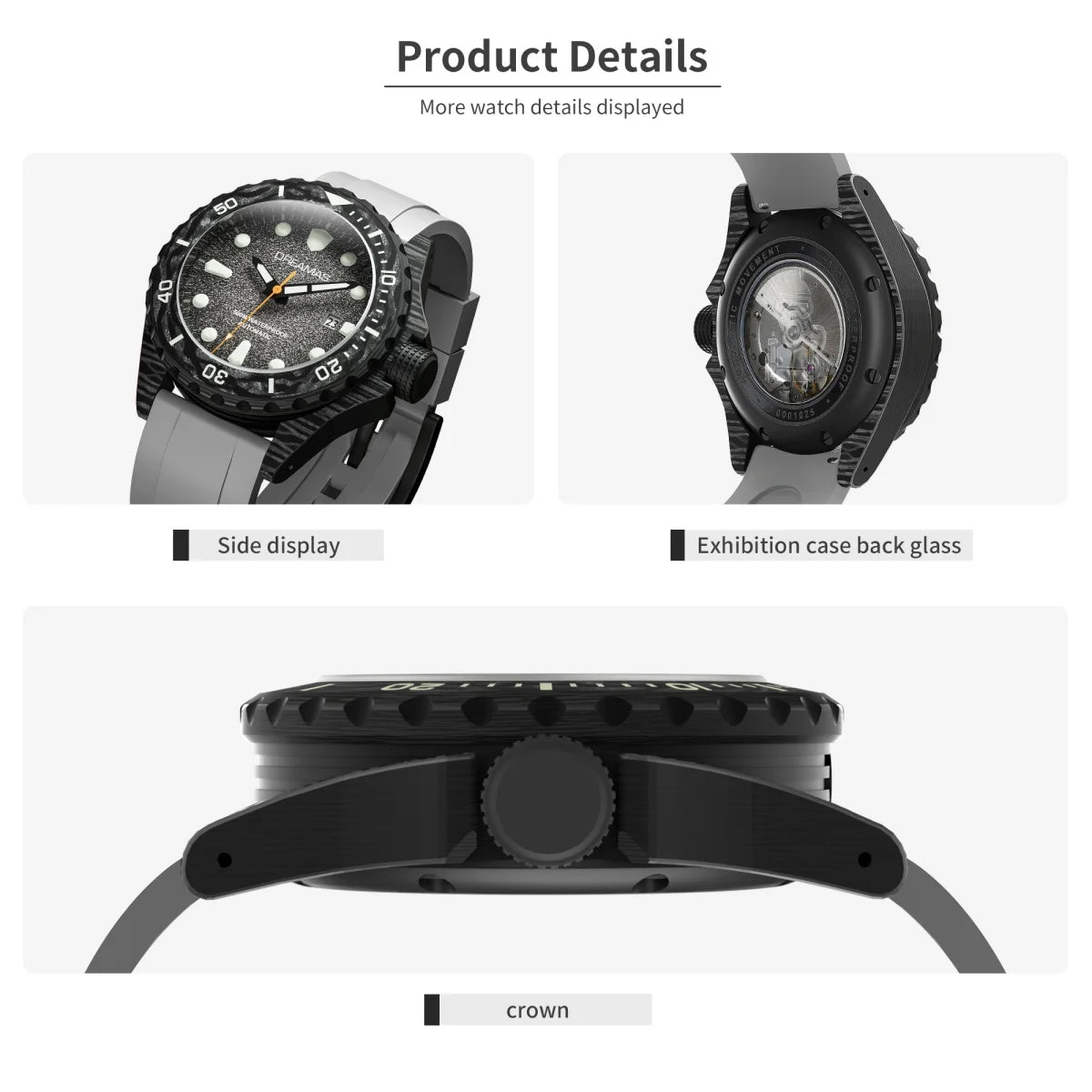 DREAMAS Men's Carbon Fiber Automatic Mechanical Diving Watch Swiss Luminous 500m Waterproof Gradient cold grey D0390G3