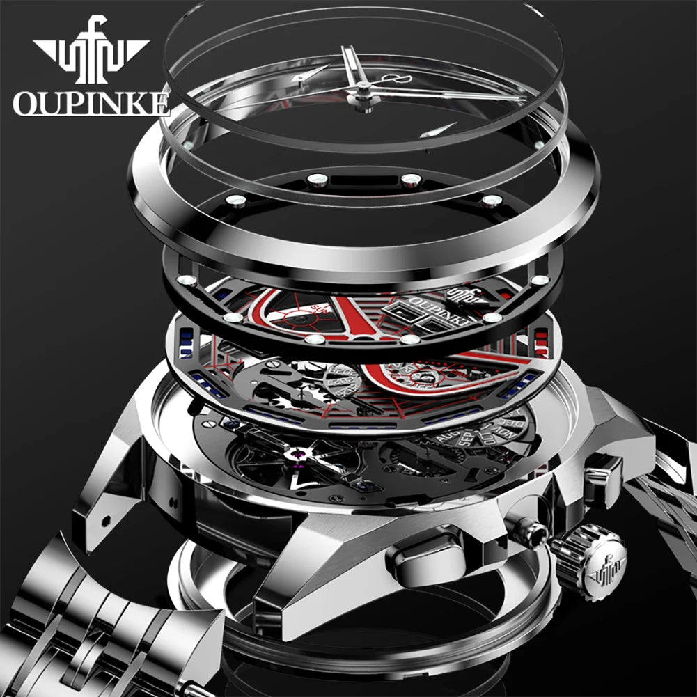 OUPINKE 3250 Original Men's Watch Deep Waterproof 3D Skeleton Stainless steel Automatic Mechanical Wristwatch Men Official Watch