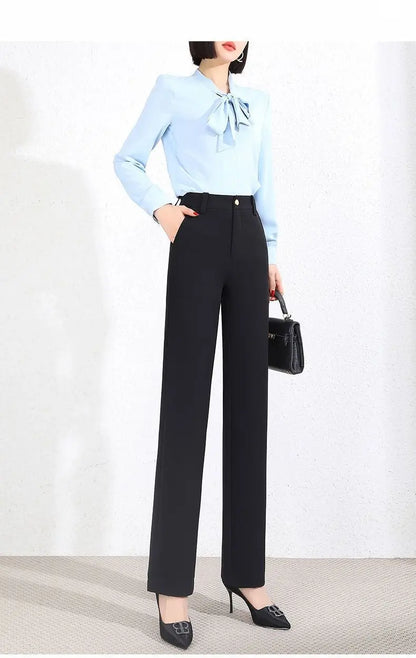 Office Lady Fashion Solid Loose Straight Pants All-match Button Zipper Women Spring Autumn High Waist Pockets Pencil Trousers