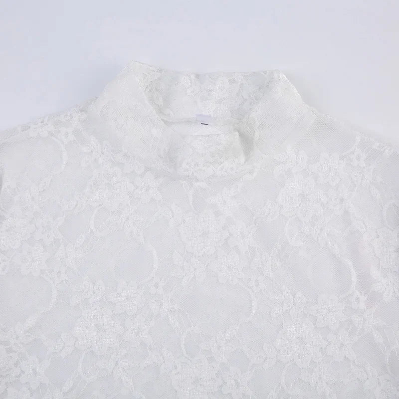 Lace Blouse Shirts Summer Women Turtleneck Long Sleeve See Through Lace Patchwork Thin Tops