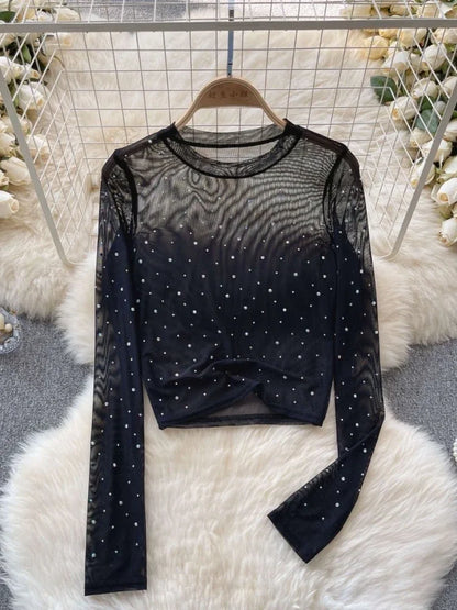 T-shirts Women Cropped Sequins Slim Sheer Solid Spring Summer Sexy Style Cozy Thin O-neck Clubwear European