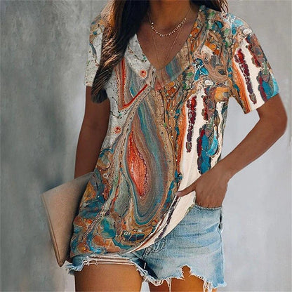 Colorful Tassels Print T-Shirt Fashion Women's Short Sleeve V-Neck T-Shirt Summer Casual Elegant Women's Large Size T-Shirt