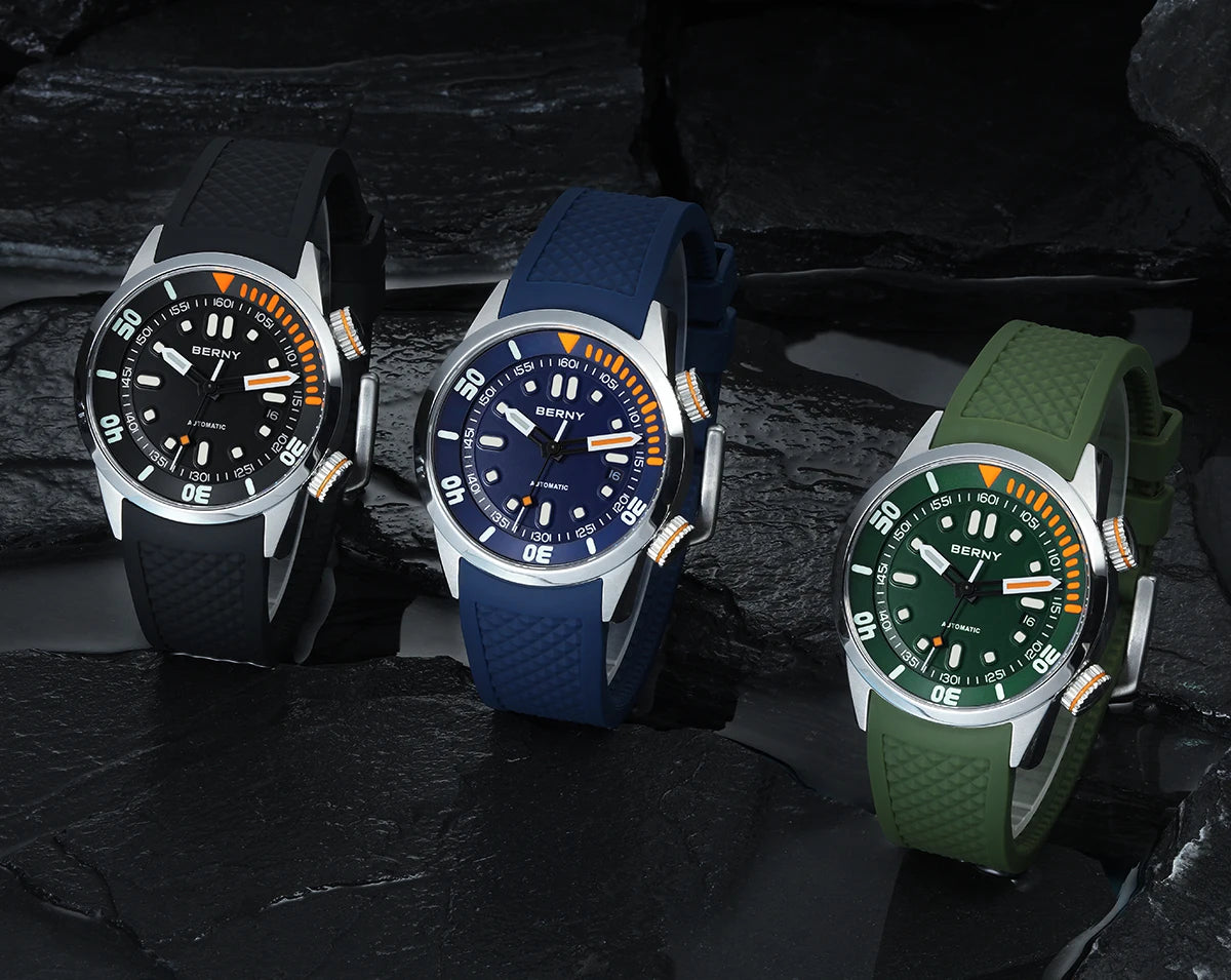 BERNY Automatic Dive Watch for Men Super Luminous Original Design 20ATM Diver Wristwatch Sapphire, Local Warehouse Fast Delivery