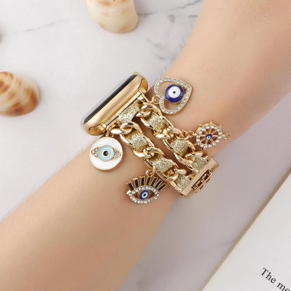 Stylish Metal Charms Watch Strap Compatible with Apple Watch Bands 38/40/41/42/44/45/49mm Replacement Strap with Unique Pendants