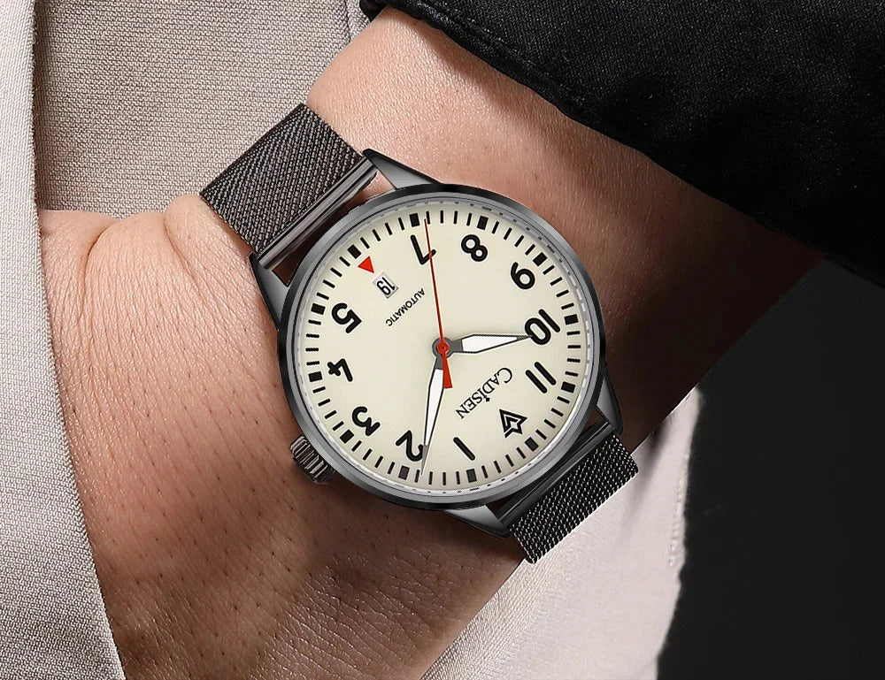 CADISEN Automatic Watch Men Luminous Stainless Steel Self-Wind Wristwatch NH35A Sapphire Waterproof Mesh Belt Mechanical Watch