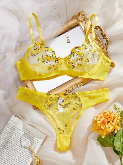 Embroidery Flower Transparent Underwear Bra Thong Set Ultra Thin Cup Large Size Perspective Wire Free Bikini Suit Women 2 Piece
