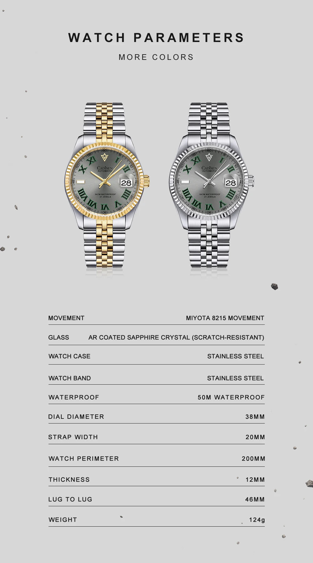 CADISEN 38MM Men's Automatic Mechanical Watch Luxury AR Sapphire Glass Waterproof Stainless Steel MIYOTA 8215 Men Wristwatch