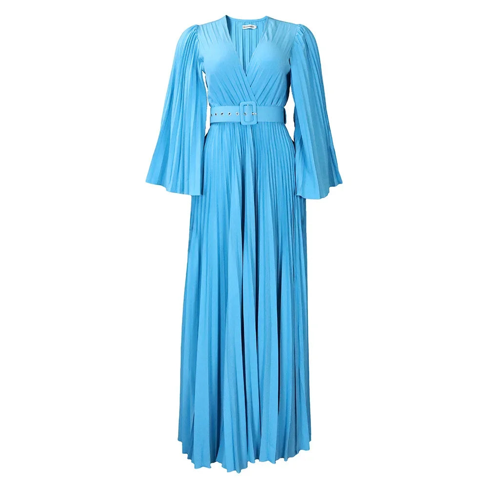 V-neck Flare Sleeve Big Swing Floor Length Maxi Long Dresses  Women Autumn Winter Party Prom Dress
