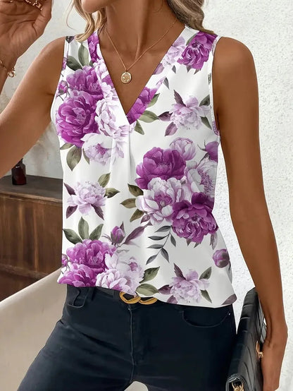 V-neck Vest New Fashion Plant Printed Sleeveless Top Pullover Simple Basic T-shirt