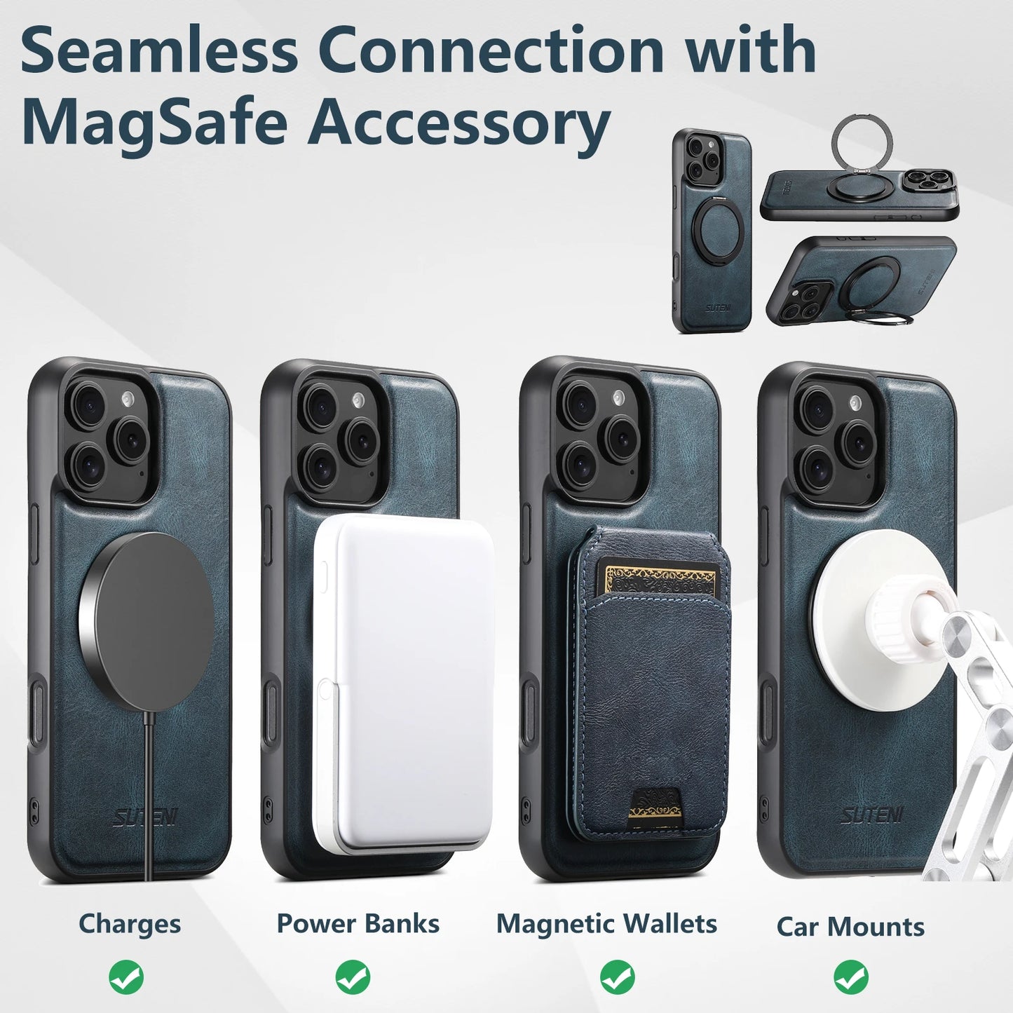Strong Magnetic Compatible MagSafe Wireless Charging 360° Rotating Ring Stand PU Leather Phone Case For iPhone 17 16 15 14 13 12