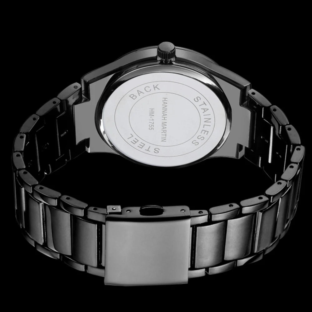 Hannah Martin Men's Stainless Steel Watch Fashion Business Style Black Minimalist Style 3Bar Waterproof Quartz Movement Watches