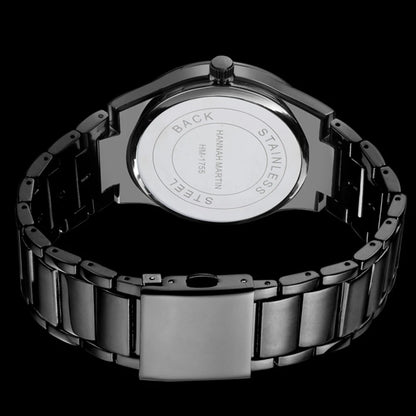 Hannah Martin Men's Stainless Steel Watch Fashion Business Style Black Minimalist Style 3Bar Waterproof Quartz Movement Watches