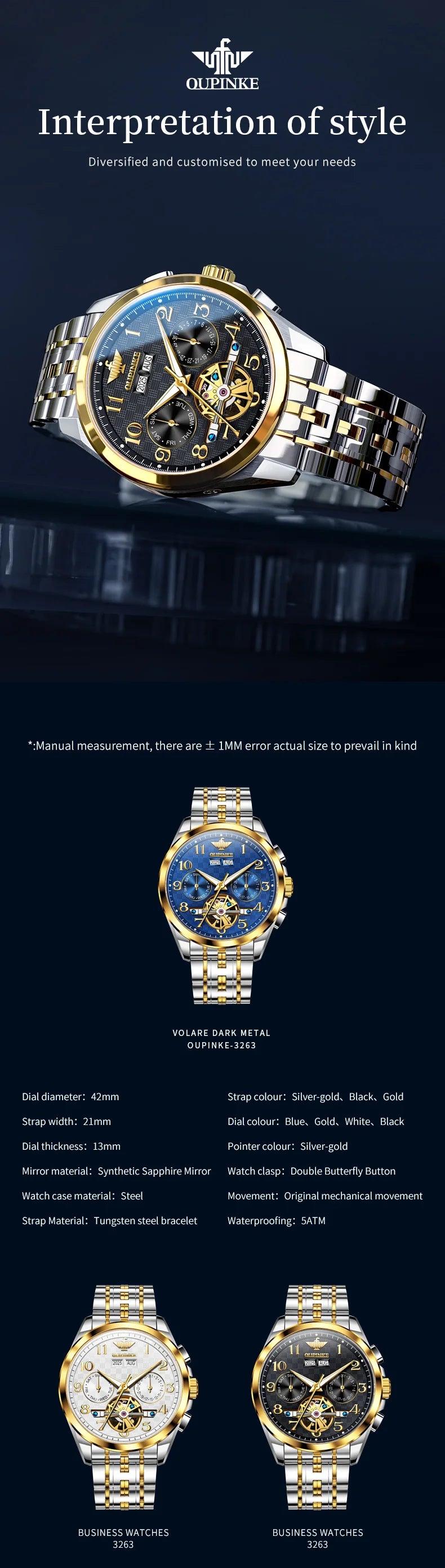 OUPINKE 3263 Mens Watch Luxury Flywheel Automatic Mechanical Watch﻿ 50M Waterproof Luminous Tungsten Steel Brand Watches New