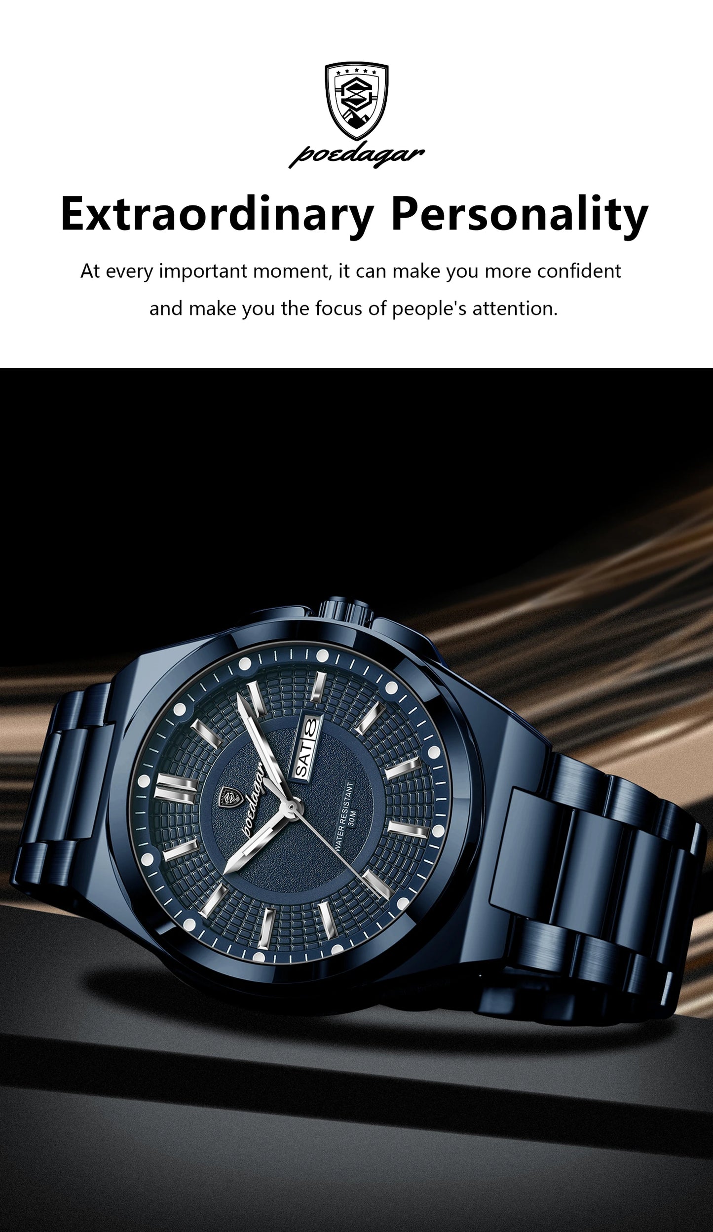 POEDAGAR Sport Original Men Clock Quartz Date Week Luxury Man Wristwatch Waterproof Luminous Stainless Steel Men's Watches Reloj