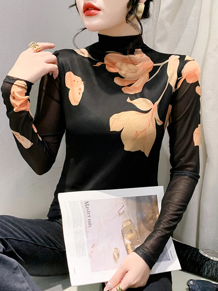 High Neck Long Sleeved Mesh Positioning Printed T-shirt Women Autumn Stretch Slim T Shirts Tops Female Base Tees HF8779