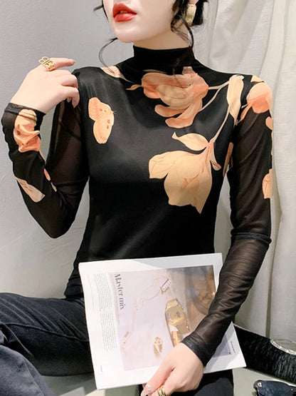 High Neck Long Sleeved Mesh Positioning Printed T-shirt Women Autumn Stretch Slim T Shirts Tops Female Base Tees HF8779