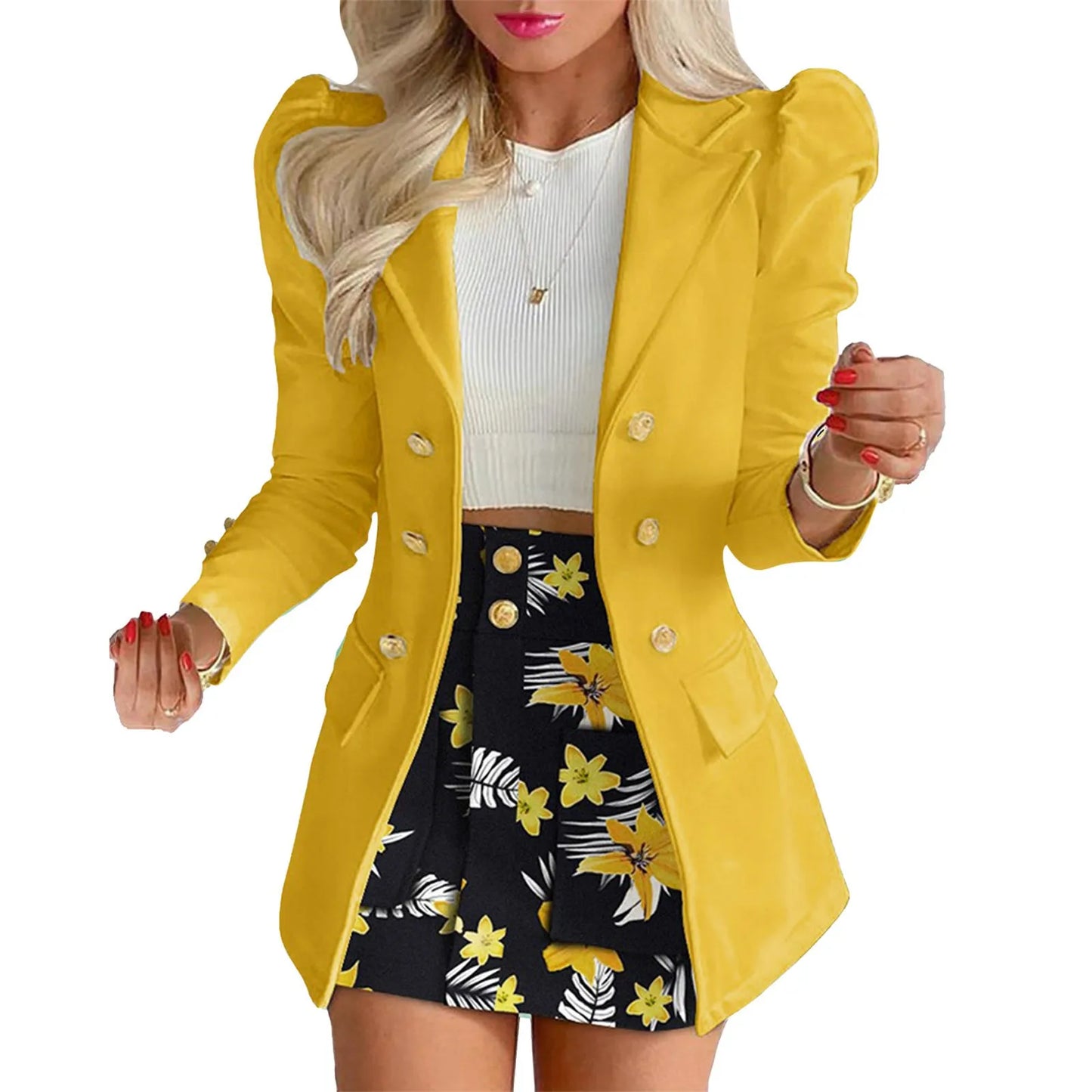 Long Sleeve Two Breasted Skirt Set Solid Color Jacket And Floral Skirt Two Piece Outfit Business Casual Elegant Sets