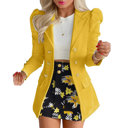 Long Sleeve Two Breasted Skirt Set Solid Color Jacket And Floral Skirt Two Piece Outfit Business Casual Elegant Sets