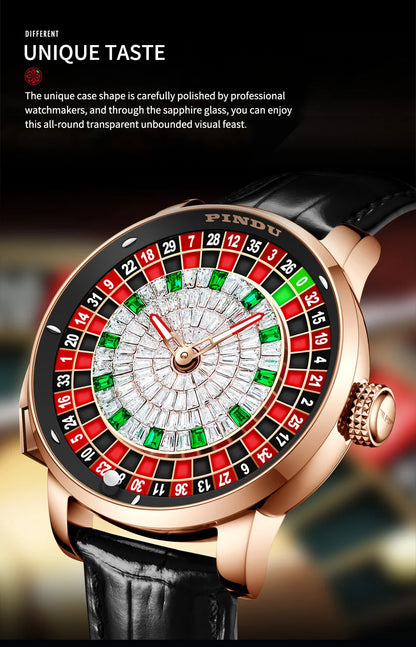PINDU Player Series Mechanical Watches for Men European Roulette Game Dial Automatic Movement Funny Design Party  Watch