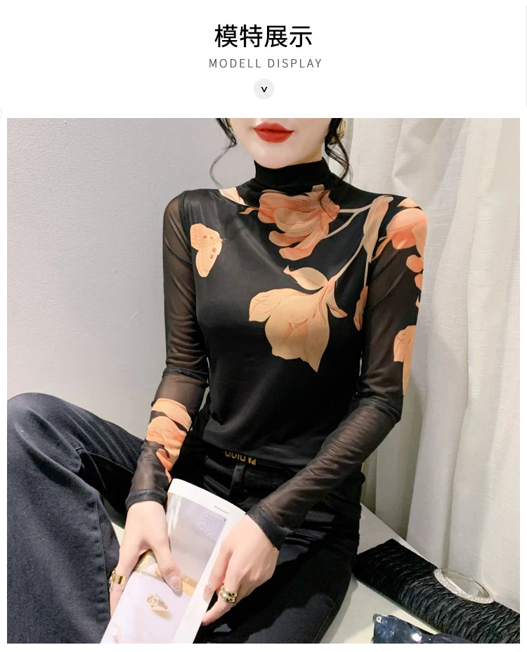 High Neck Long Sleeved Mesh Positioning Printed T-shirt Women Autumn Stretch Slim T Shirts Tops Female Base Tees HF8779