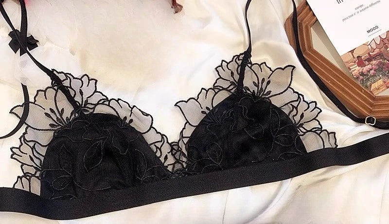 French Embroidery Lace Bralette Wireless Triangle Cup Bra for Women Elegant Lingerie Set Thin Straps Small Chest Cover MOYISU