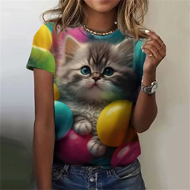 T-shirt 3D Printed Kawaii Cat Pattern Short Sleeved Round neck Top Summer Outdoor Casual Street Simple Clothing