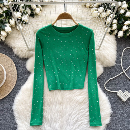 Long Sleeves Hotsweet O-neck Fashion Rhinestone Slim Top French Streetwear Sexy High Street Autumn Winter Women T-Shirts