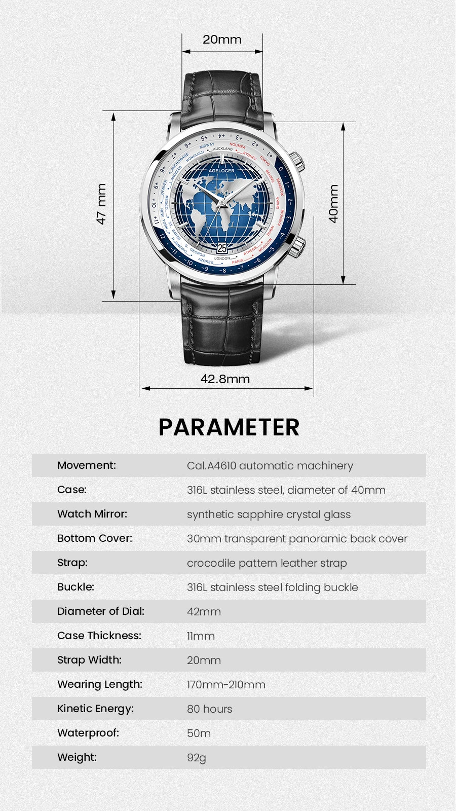 AGELOCER Original World Time Watch Men's Luxury Business Formal Automatic Mechanical Watch Birthday Gift for Men