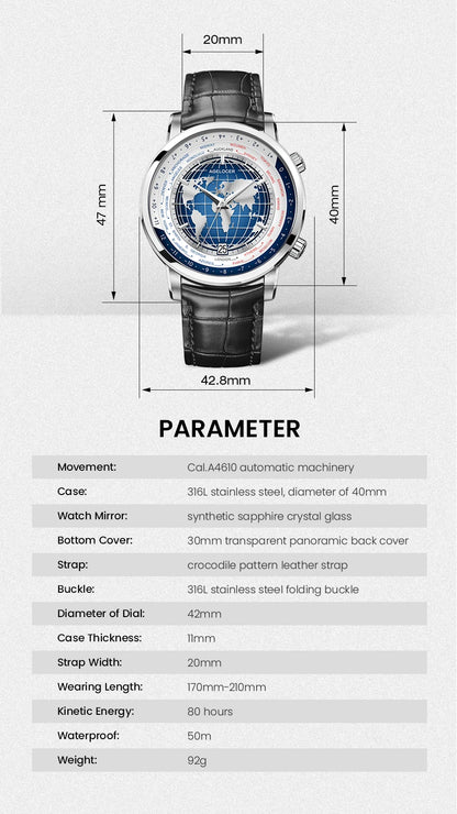 AGELOCER Original World Time Watch Men's Luxury Business Formal Automatic Mechanical Watch Birthday Gift for Men