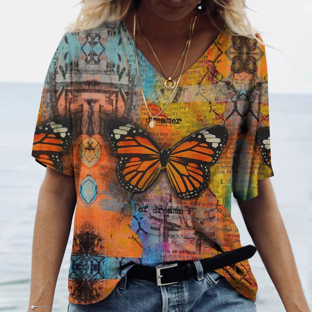 Summer Women's T-Shirt Vintage Casual Fashion V Neck Pullover Short Sleeve Butterfly Print Loose Daily Tops Design Clothing