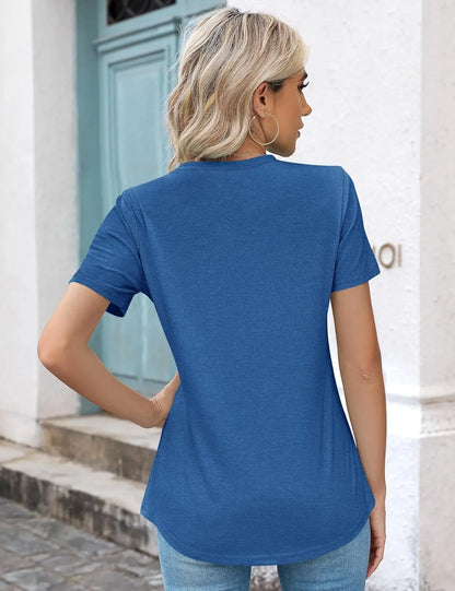 Womens Casual Crew Neck Short Sleeve Pleated Tops Blouses Fashion Clothes