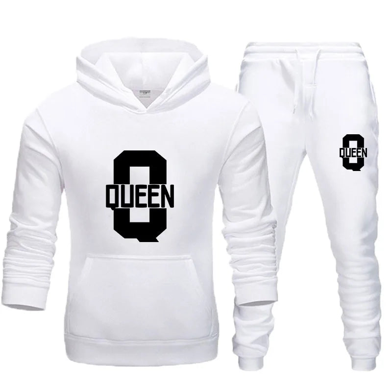 Fashion Lover Couple Clothing Sportwear Set KING QUEEN Printed Hooded Clothes 2PCS Set Women Hoodie and Pants Suit Hoodies
