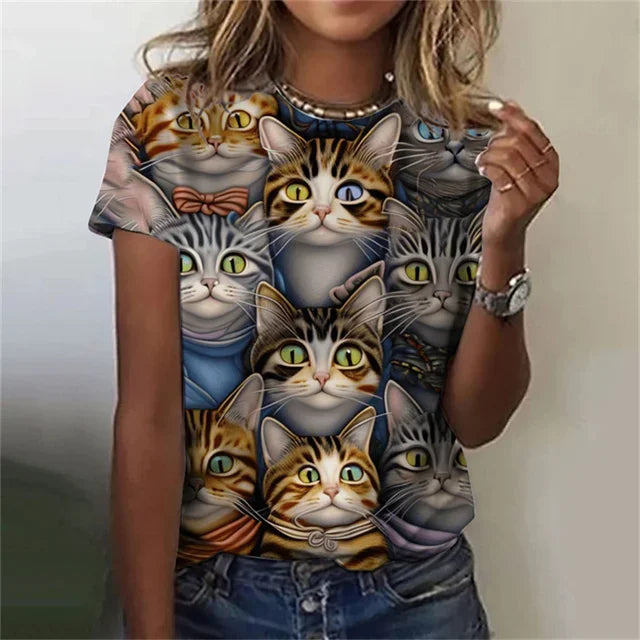 T-shirt 3D Printed Kawaii Cat Pattern Short Sleeved Round neck Top Summer Outdoor Casual Street Simple Clothing