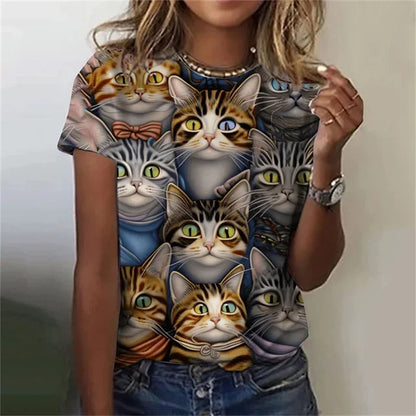 T-shirt 3D Printed Kawaii Cat Pattern Short Sleeved Round neck Top Summer Outdoor Casual Street Simple Clothing
