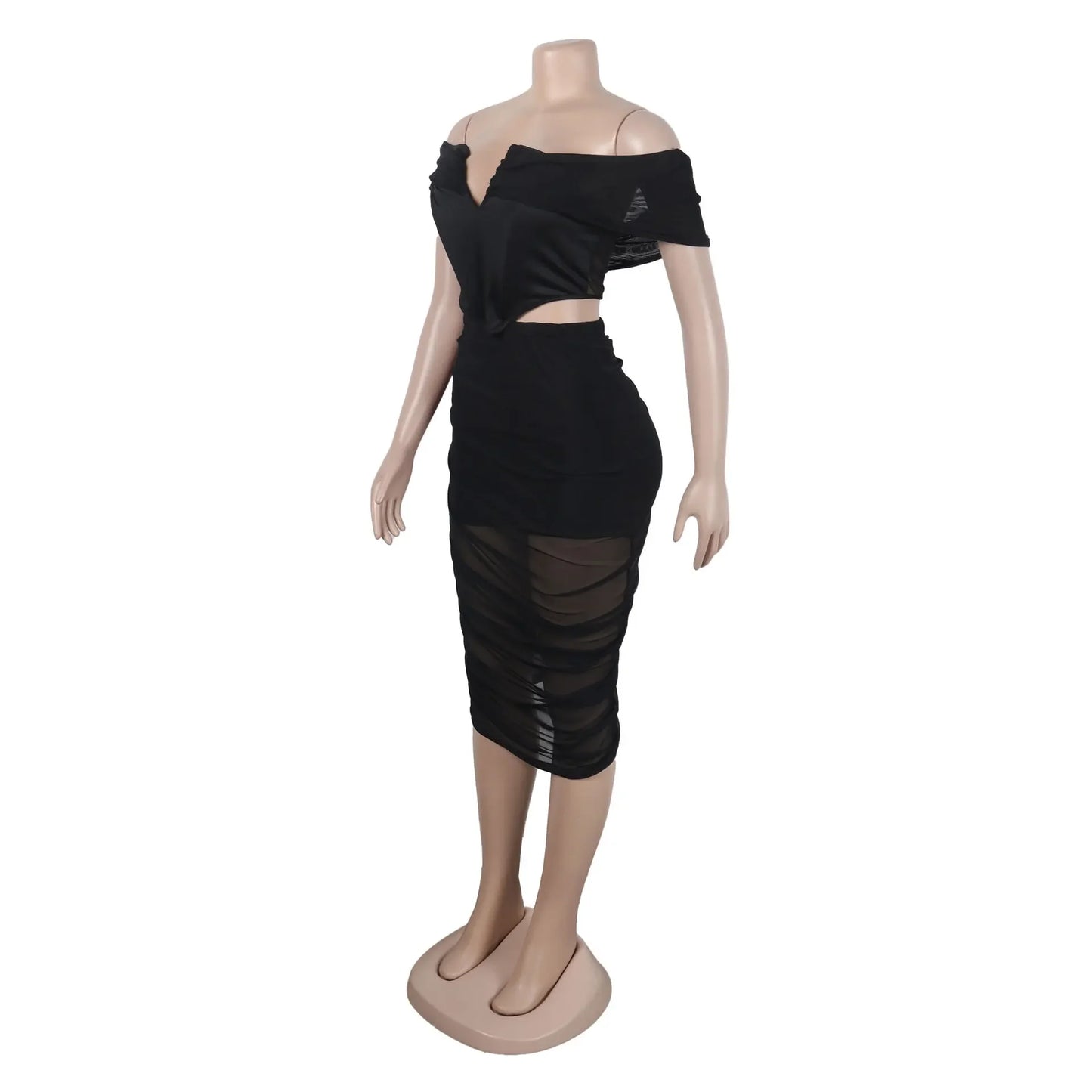 Slimming Mesh Splice Bum Covering Visibility Elastic Off-Shoulder 2-Piece Set European And American Style