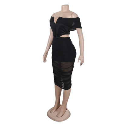 Slimming Mesh Splice Bum Covering Visibility Elastic Off-Shoulder 2-Piece Set European And American Style