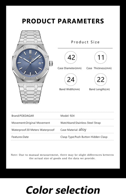 POEDAGAR Original Luxury Man Watch Date Luminous Waterproof Stainless Steel Men Wristwatch Fashion Business Quartz Men's Watches