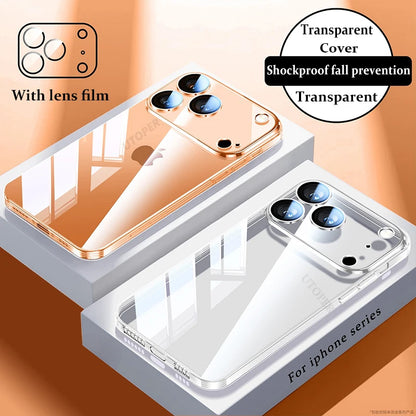 Plating Transparent with Lens Film Case for iPhone 17 Air 17 16 15 14 13 12 11 Pro Max Plus Anti-fall Damping Cover