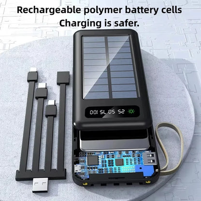 200000mAh Solar Power Bank Large Capacity Mobile Power Fast Charging Battery With Dual USB 4 Cables For iPhone Samsung