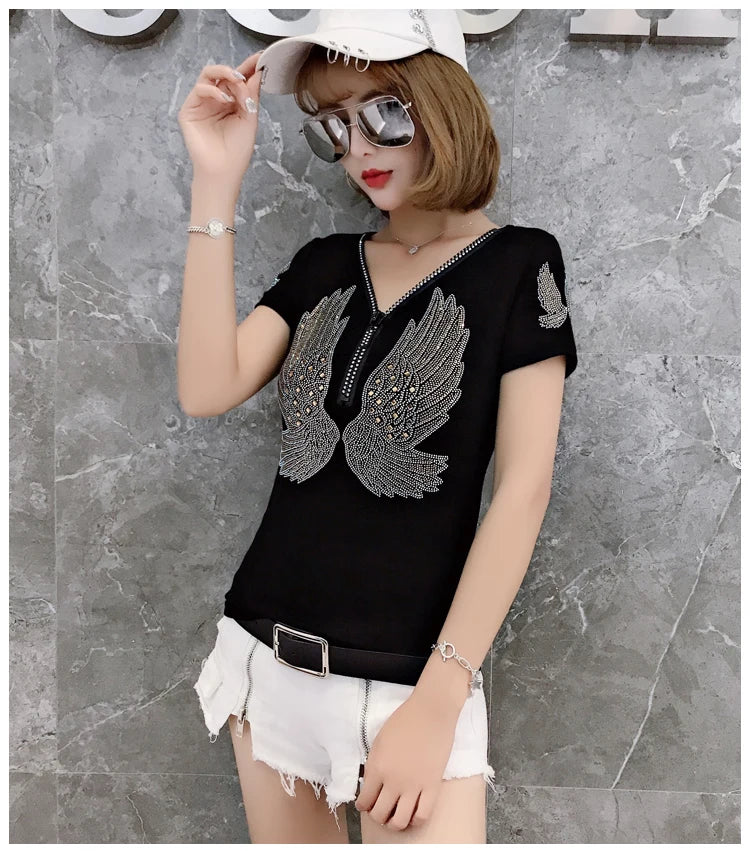 T-shirt For Summer Short Sleeve Pulovers Clothes Casual Aesthetic Cotton Tops Sexy V Neck Zipper Diamonds Tees