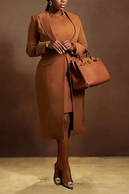 Elegant Office Lady Blazer Two Piece Sets Women Lapel Long Sleeve Coat And Slim Dress Outfit Female Clothing