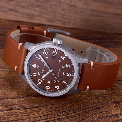 Baltany Men Quartz Field Watch S2082 10-Year Life Battery Luminous Leather Sapphire Stainless Steel Date Retro Military Watches
