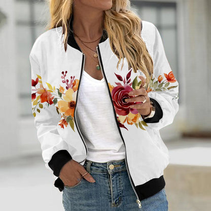 Autumn Bomber Jacket For Women Fashion Flower Print Outwear Stand Collar Zipper Baseball Coat Elegant Slim Basic Ladies Jackets