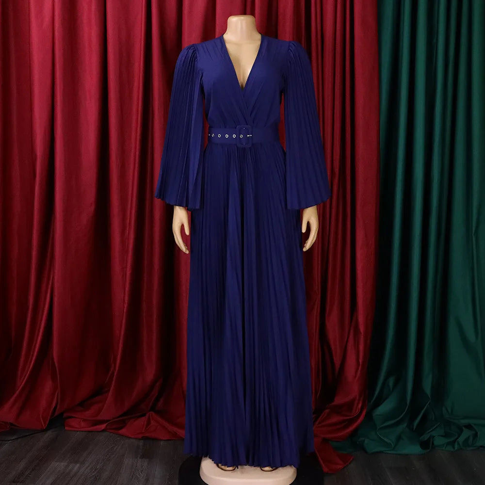 V-neck Flare Sleeve Big Swing Floor Length Maxi Long Dresses  Women Autumn Winter Party Prom Dress