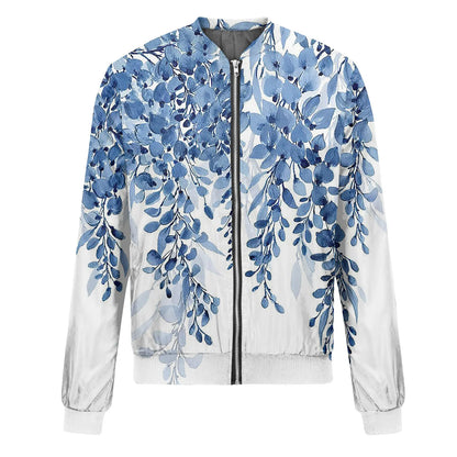 Women Elegant Zipper Bomber Jackets Spring Autumn Floral Printed Jackets Casual Coat Retro Outwear  Round Neck Zipper Jackets