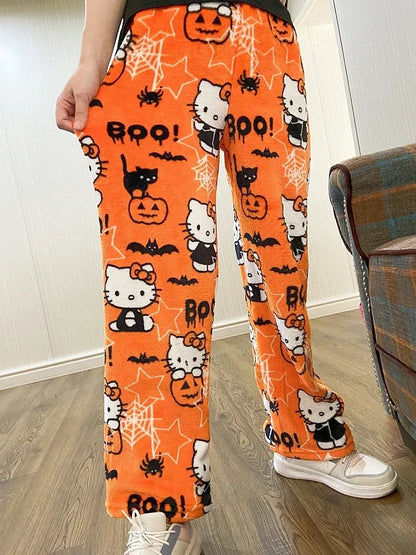 Sanrio Hello Kitty Anime Y2k Kawaii Flannel Pajamas Women'S Warm Woolen Cartoon Casual Home Pants Autumn Winter Fashion Trousers