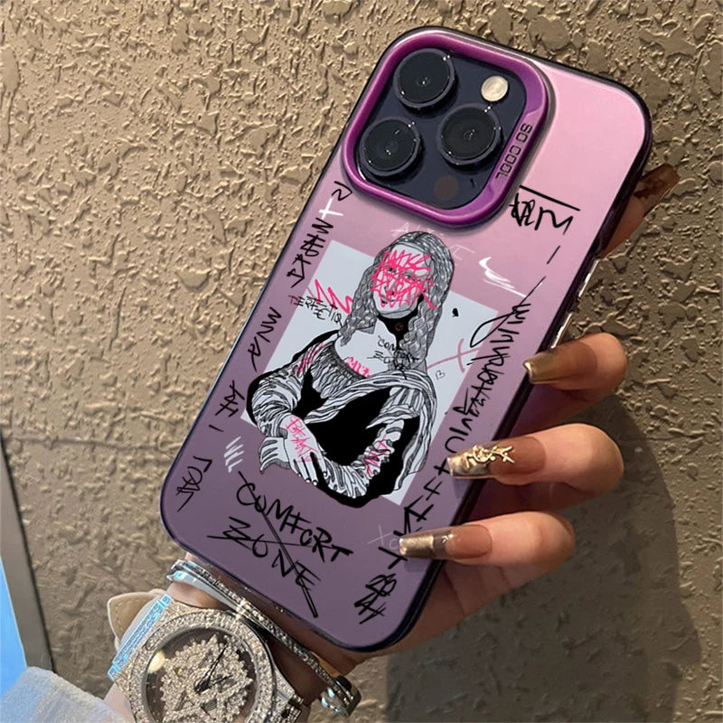 Graffiti Great Art Aesthetic David Mona Lisa Electroplate Silver Case For iPhone 17 15 14 13 12 11 16 Pro Max XS 7 8 Plus Cover